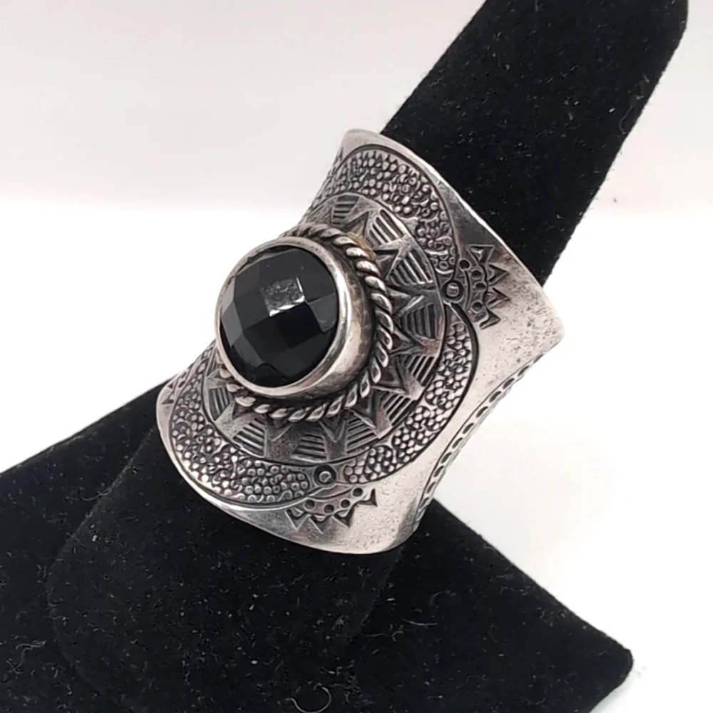 Vintage NF 925 Sterling Silver Faceted Black Stone Hematite Thai Thailand Ring